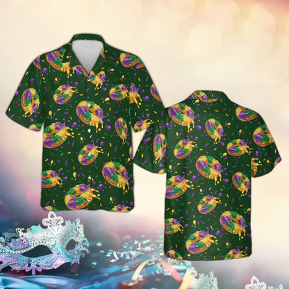 Matching family Hawaiian shirt with Mardi Gras king cake pattern on green background