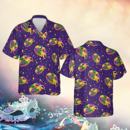 Matching family Hawaiian shirt with Mardi Gras king cake pattern on purple background