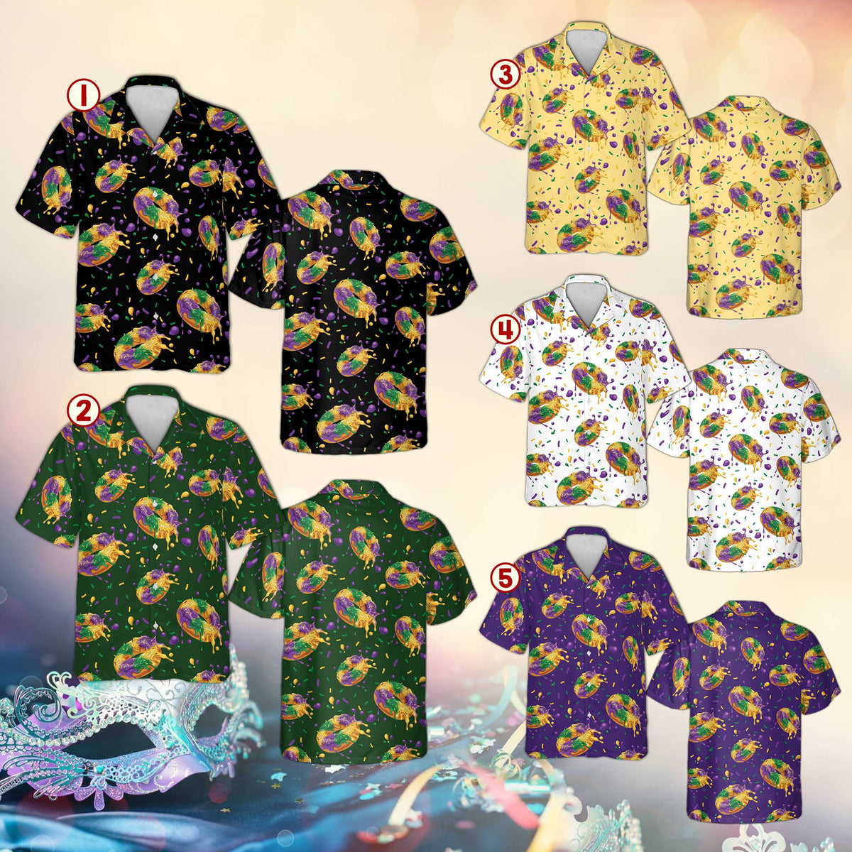 Detailed view of the Mardi Gras king cake donut pattern on a Hawaiian shirt
