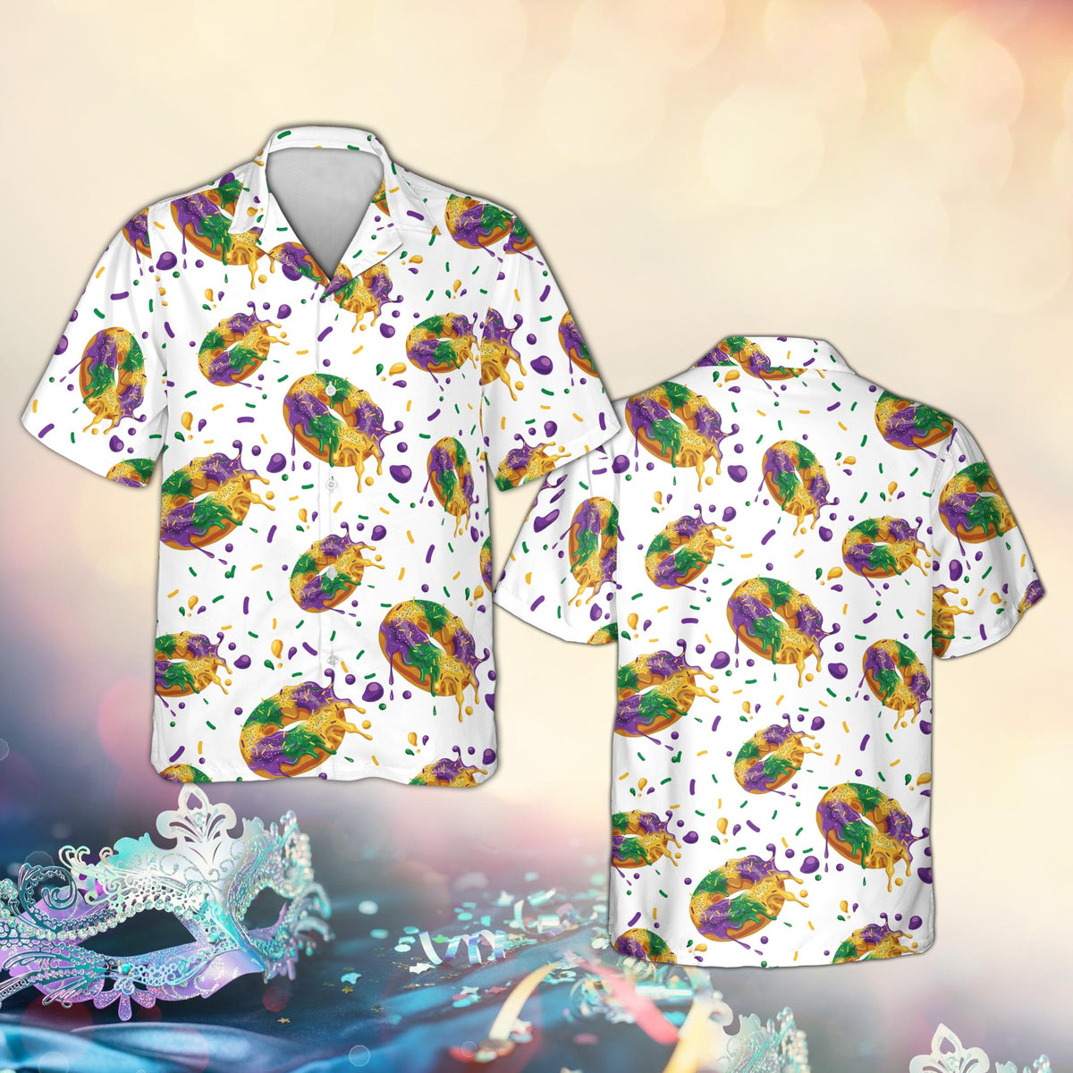 Matching family Hawaiian shirt with Mardi Gras king cake pattern on white background