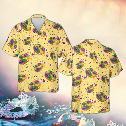Matching family Hawaiian shirt with Mardi Gras king cake pattern on yellow background