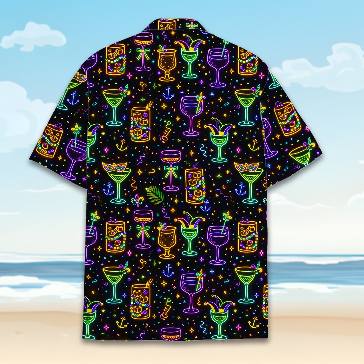 Detailed back view of the holiday hawaiian shirt with neon party design