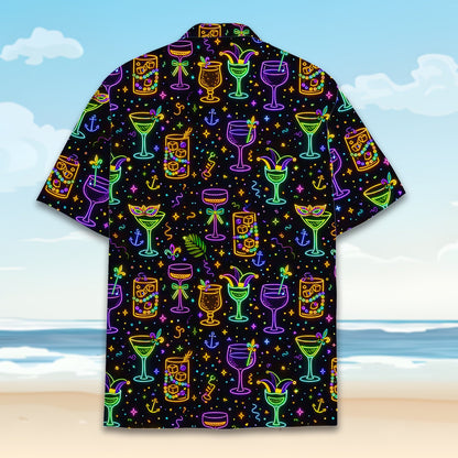 Detailed back view of the holiday hawaiian shirt with neon party design