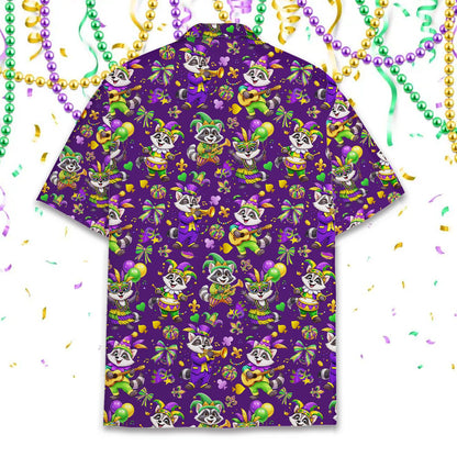 Detailed back view of the raccoon mardi gras hawaiian shirt