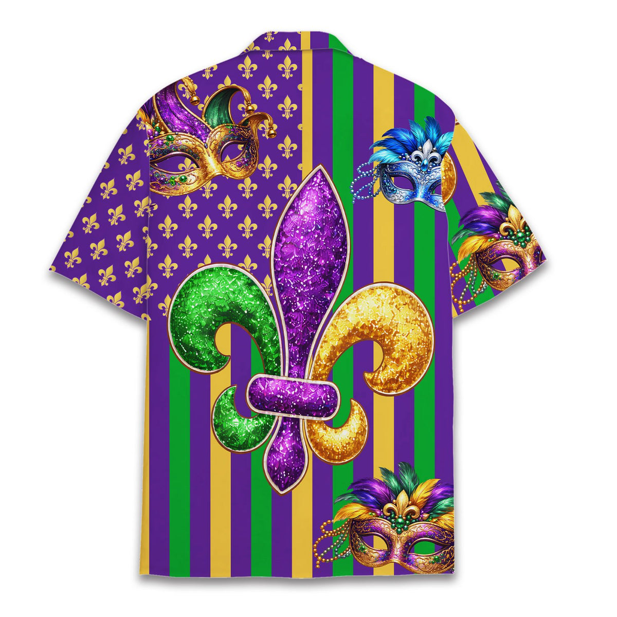 Secondary back view of the purple, green, and gold Mardi Gras Hawaiian shirt