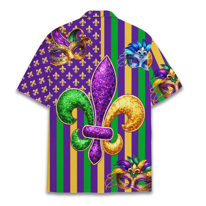 Secondary back view of the purple, green, and gold Mardi Gras Hawaiian shirt
