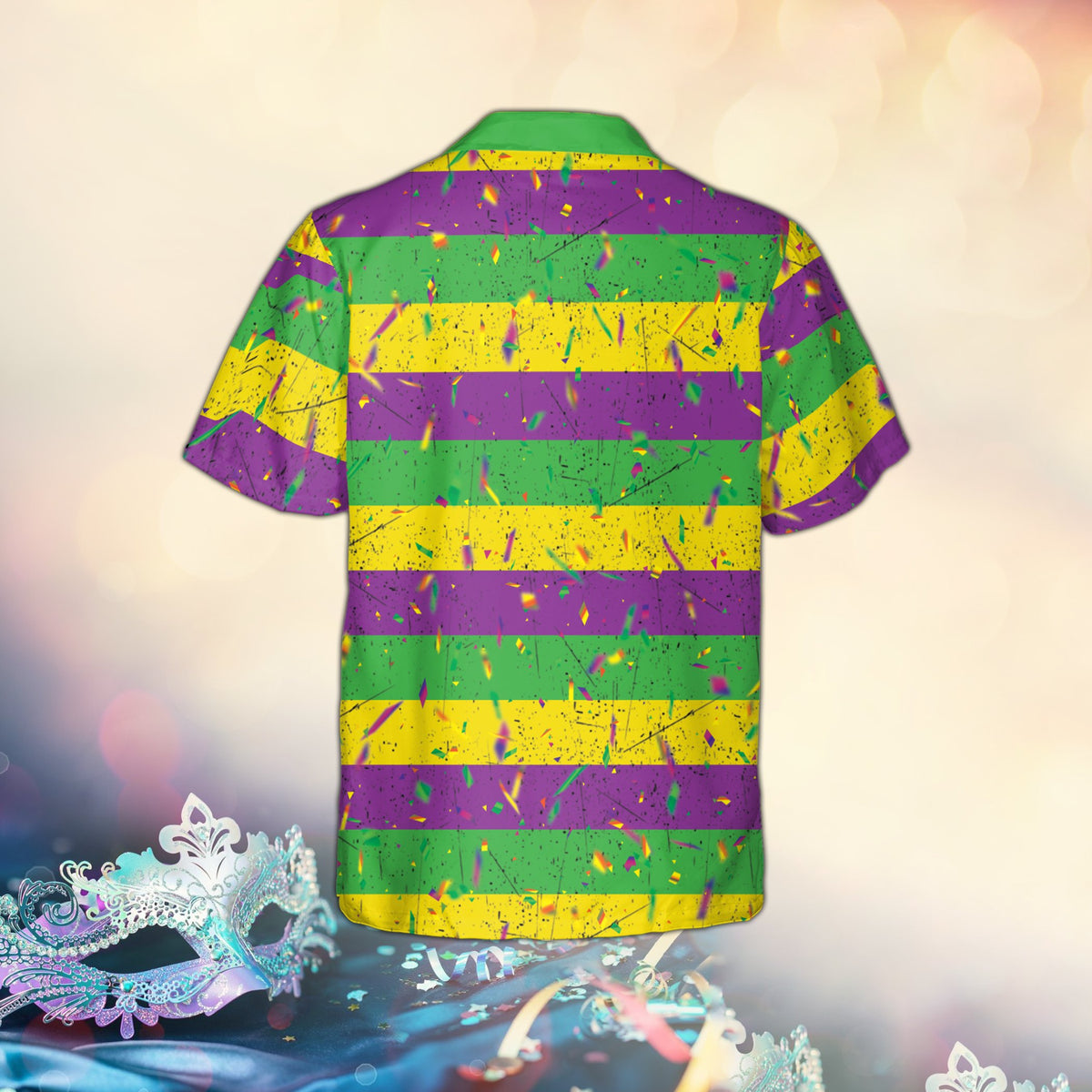 Back view of the personalized mardi gras hawaiian shirt with striped pattern