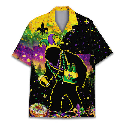 Detailed back view of the black Mardi Gras Hawaiian shirt