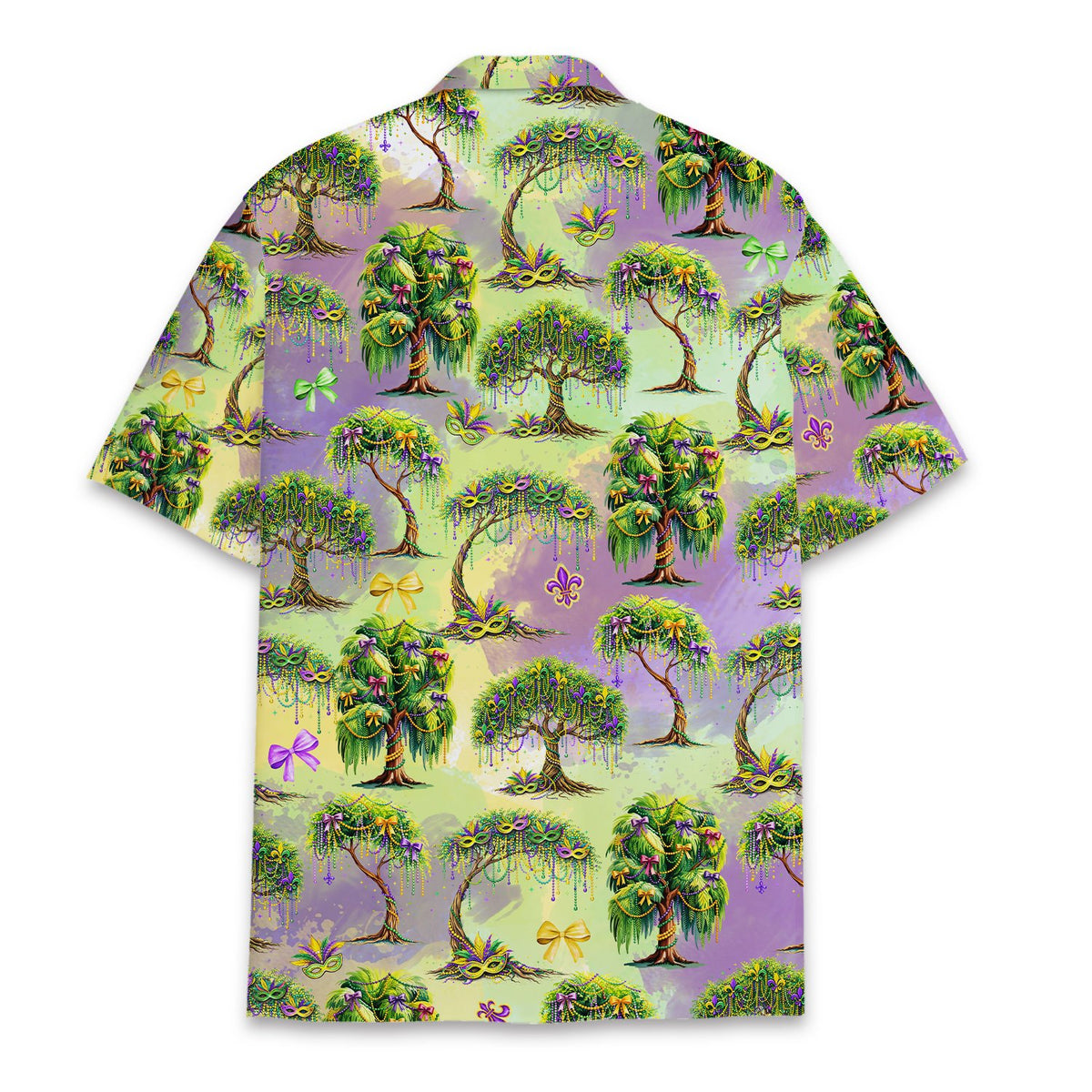 Back view of the purple and green mardi gras hawaiian shirt