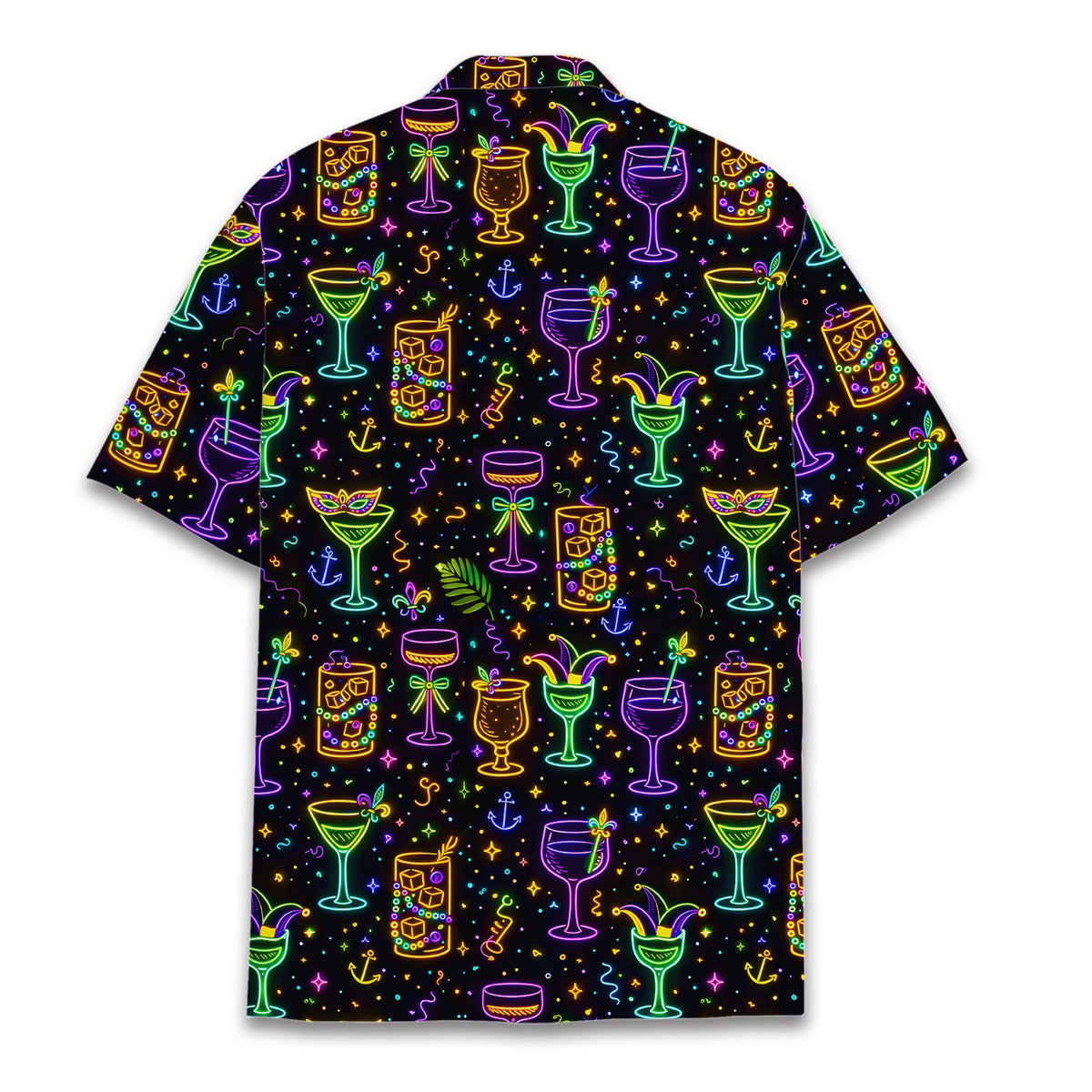 Back view of the matching family hawaiian shirts in black with neon prints