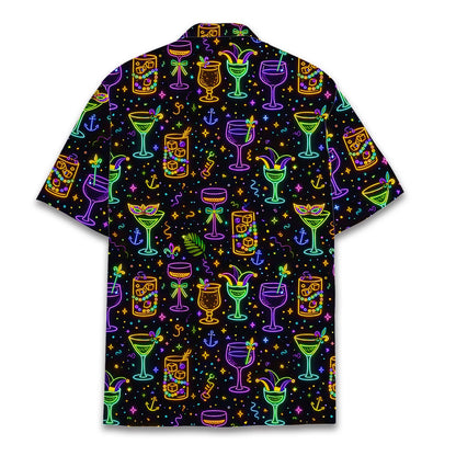 Back view of the matching family hawaiian shirts in black with neon prints