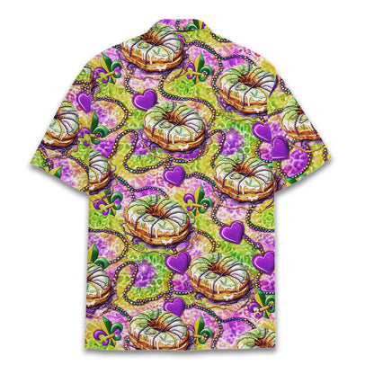 Back view of the matching family hawaiian shirt in mardi gras pattern