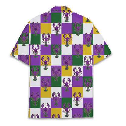 Back view of the Mardi Gras hawaiian shirt showing the purple and green pattern