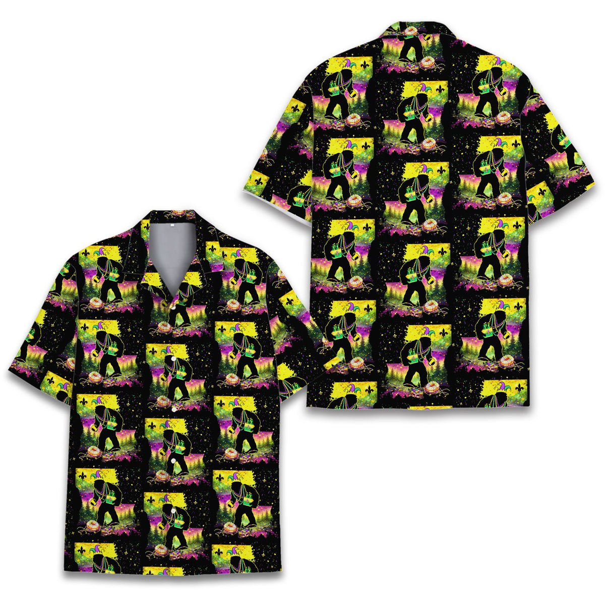 Back view of the Bigfoot Mardi Gras Hawaiian shirt displaying the continuous festive pattern