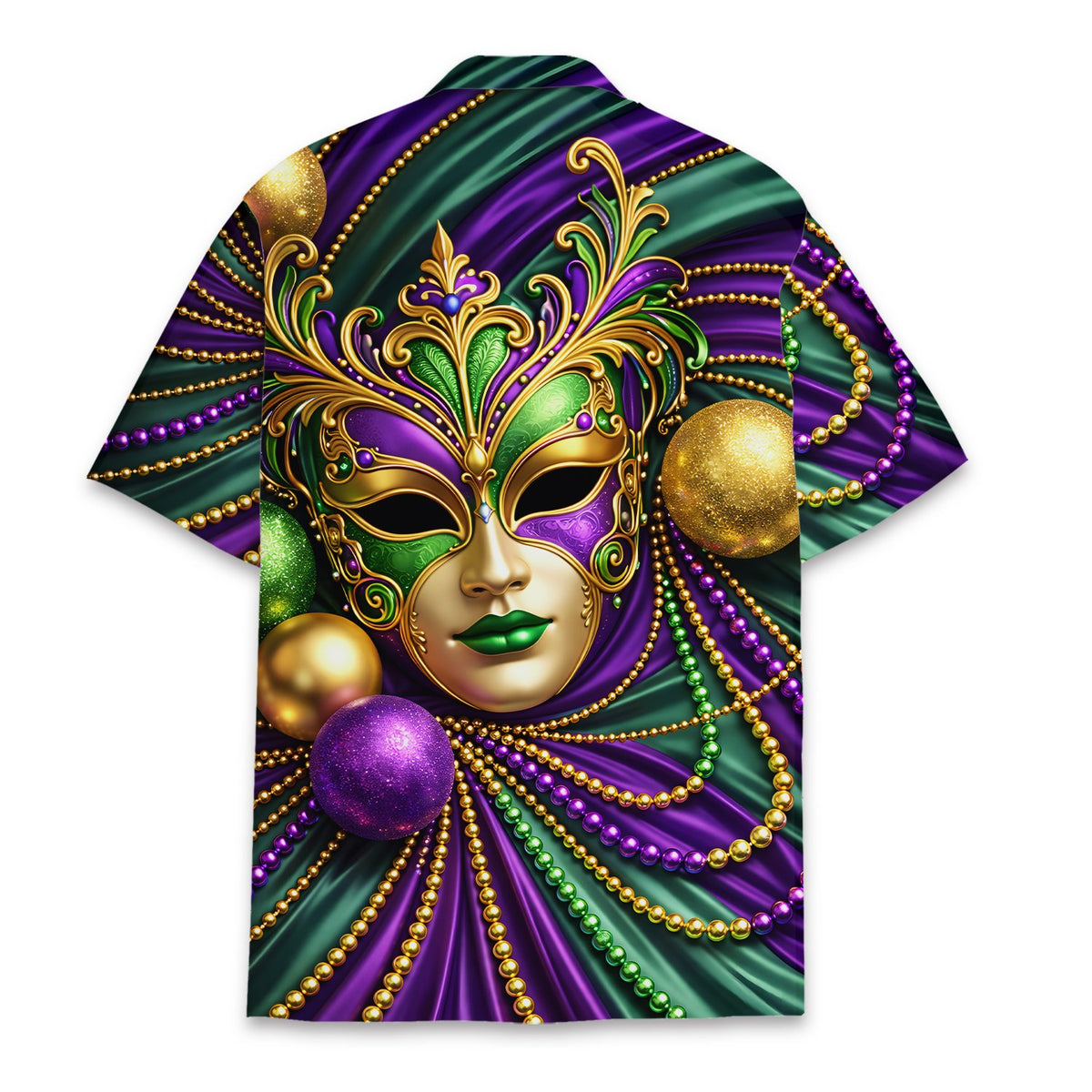 Back view of the vibrant mardi gras mask matching family hawaiian shirt