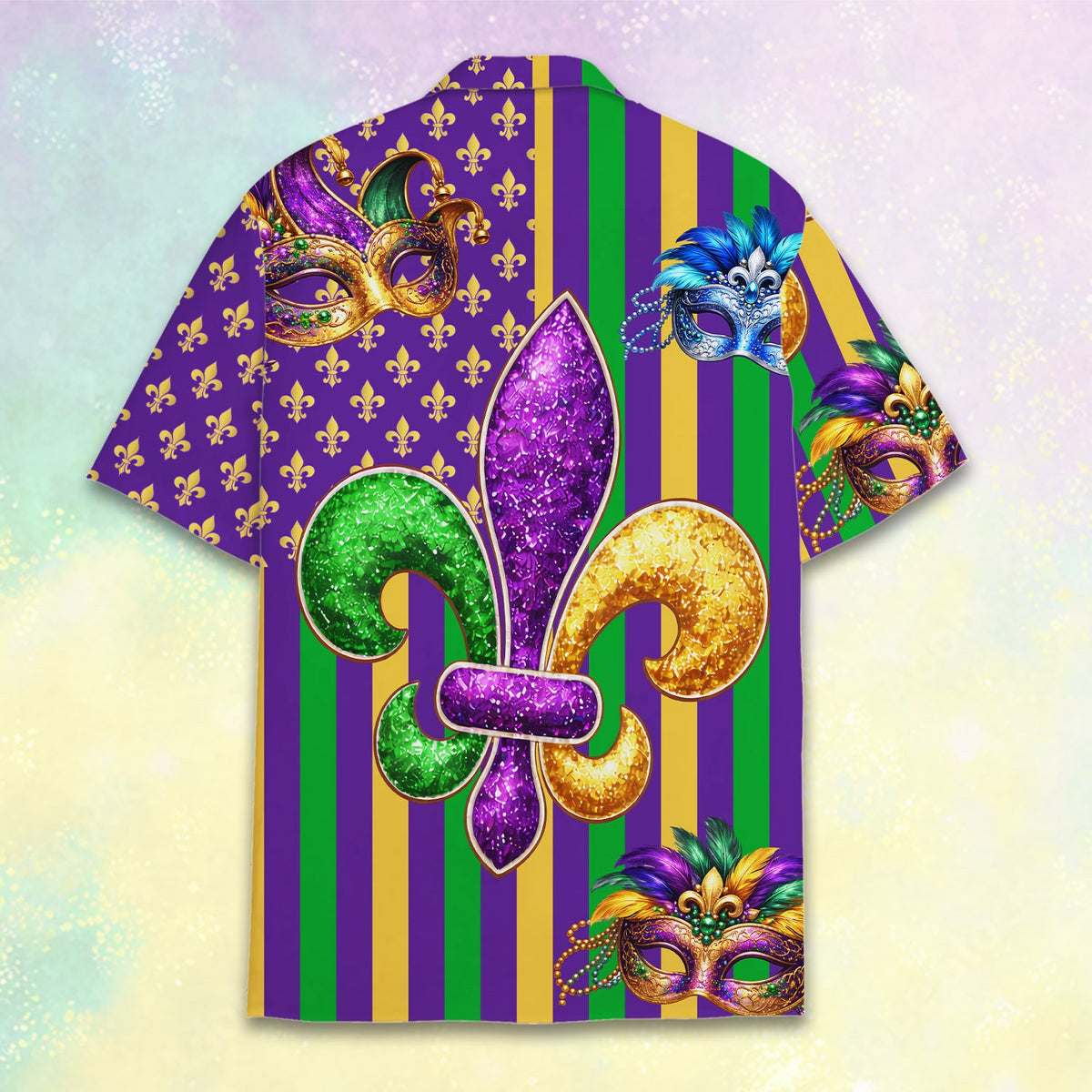 Back view of the Mardi Gras Hawaiian shirt displaying the large multi-colored fleur-de-lis