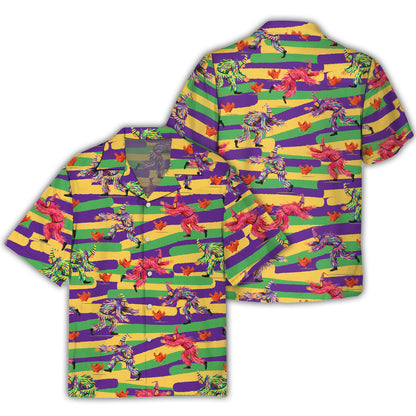 Mardi Gras hawaiian shirt with chicken chase pattern in purple, green, and yellow