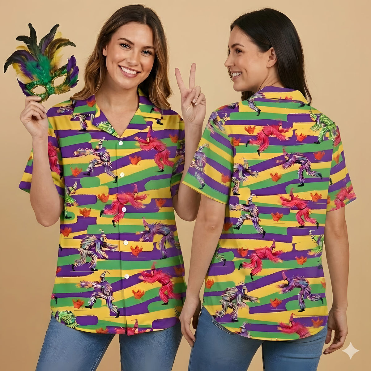Detailed front view of the Mardi Gras hawaiian shirt pattern