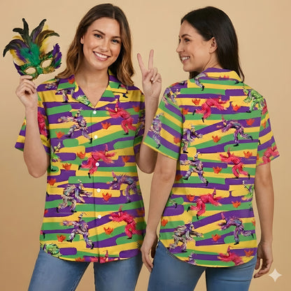 Detailed front view of the Mardi Gras hawaiian shirt pattern