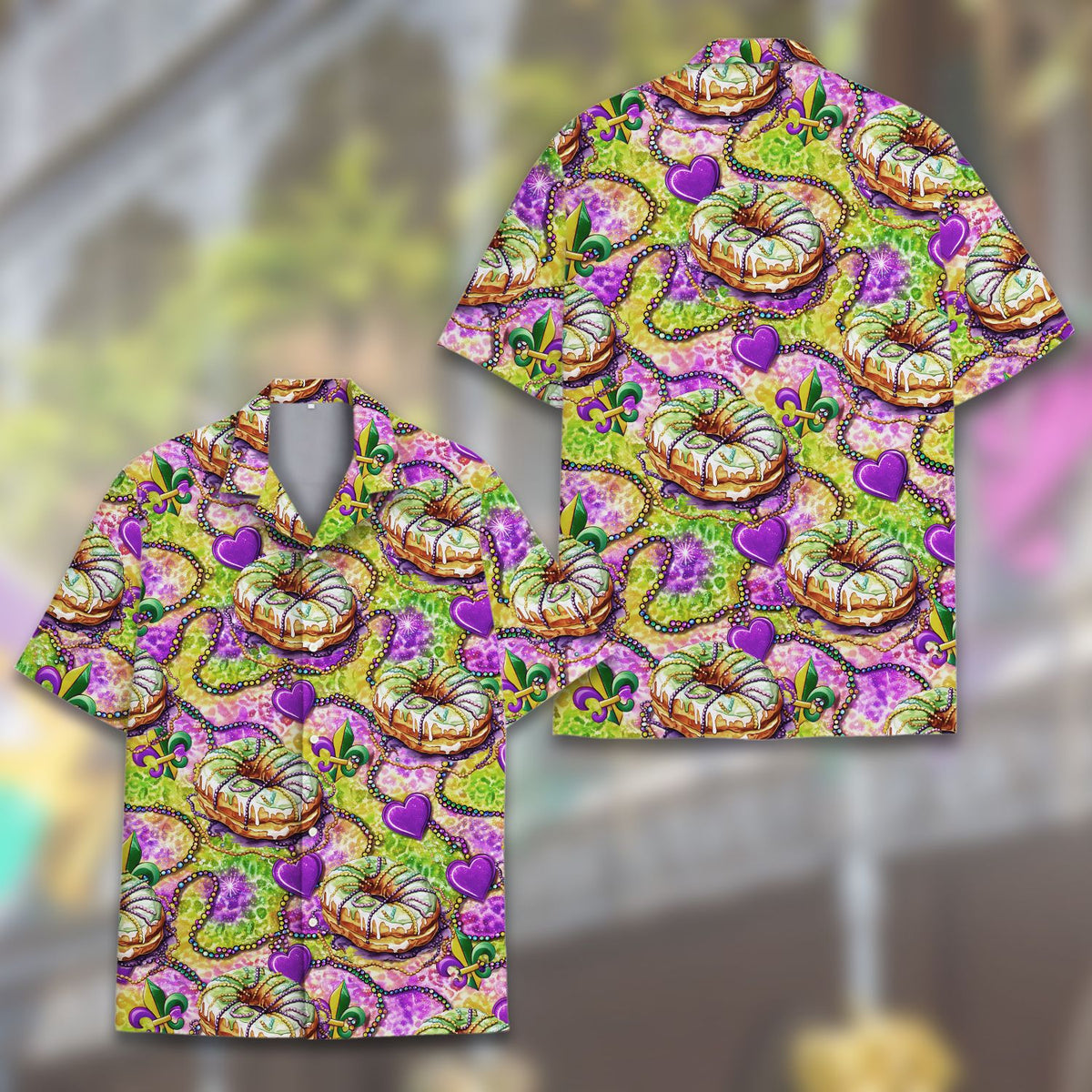 Close-up front view of the mardi gras hawaiian shirt