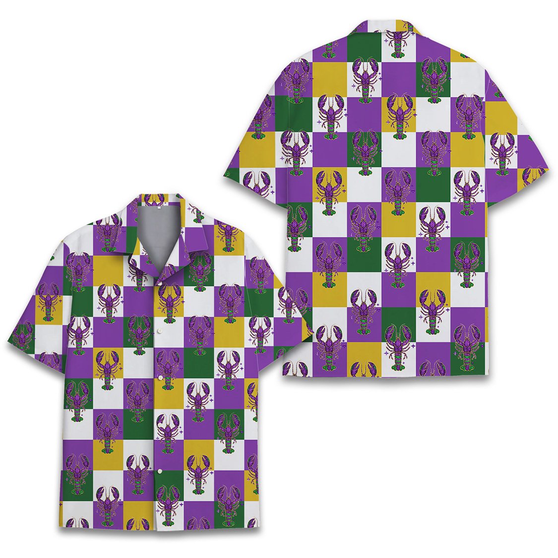 Another front view of the colorful Mardi Gras button-up shirt