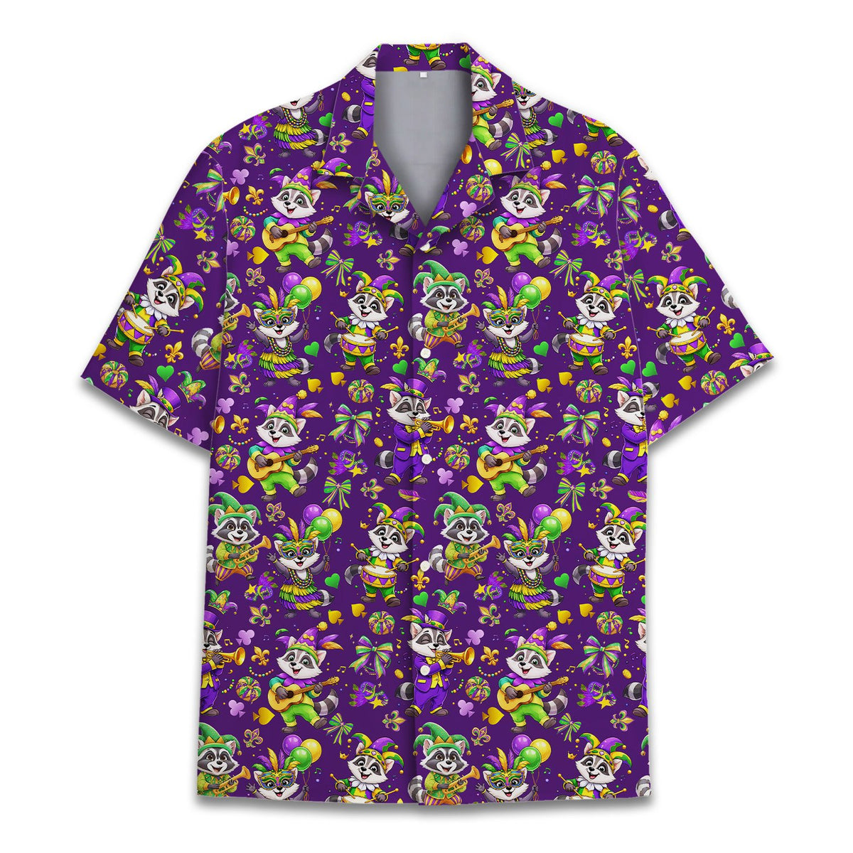 Detailed front view of the mardi gras raccoon pattern hawaiian shirt