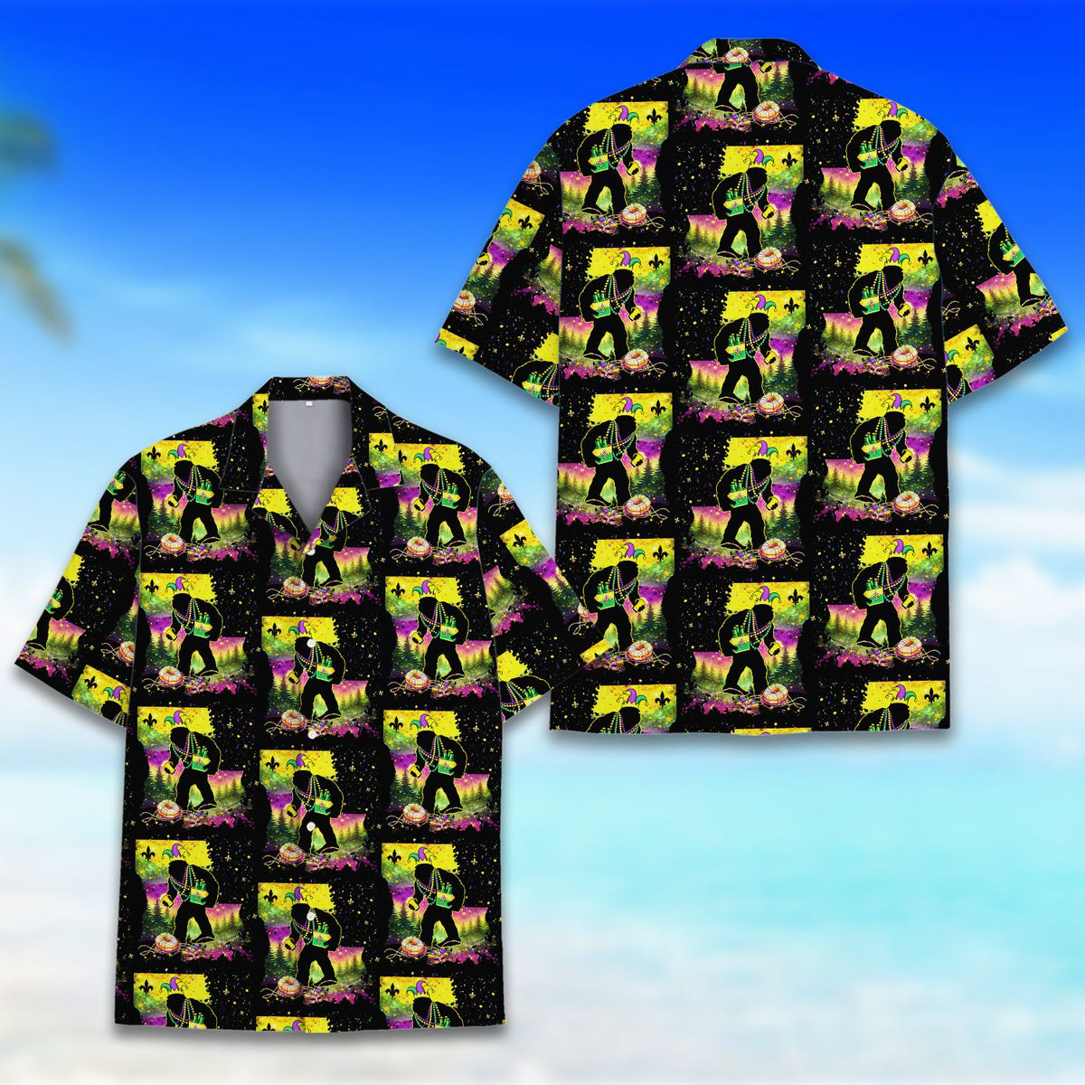 Another front view of the matching family Hawaiian shirt showing Bigfoot holding a 6-pack of beer