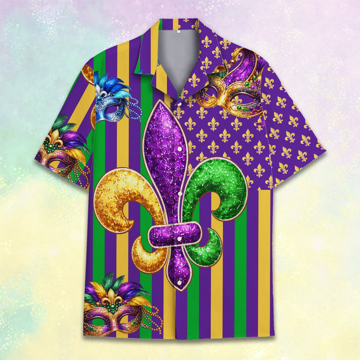 Close-up front view of the Mardi Gras Hawaiian shirt showing the mask and feather details