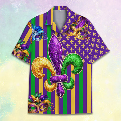 Close-up front view of the Mardi Gras Hawaiian shirt showing the mask and feather details