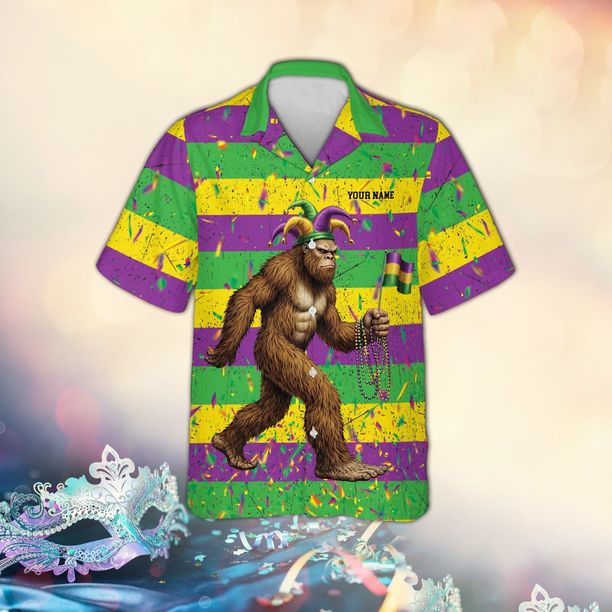 Personalized mardi gras hawaiian shirt with Bigfoot and custom name, flat lay