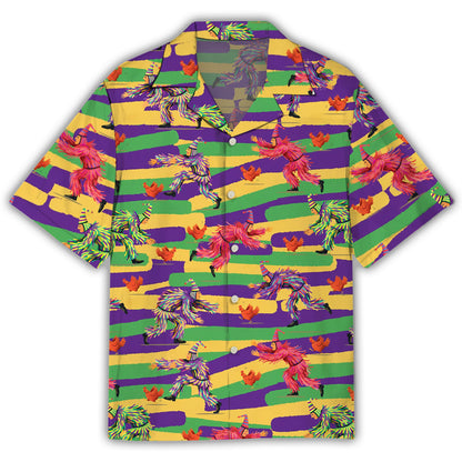 Close up front view of the Mardi Gras hawaiian shirt collar