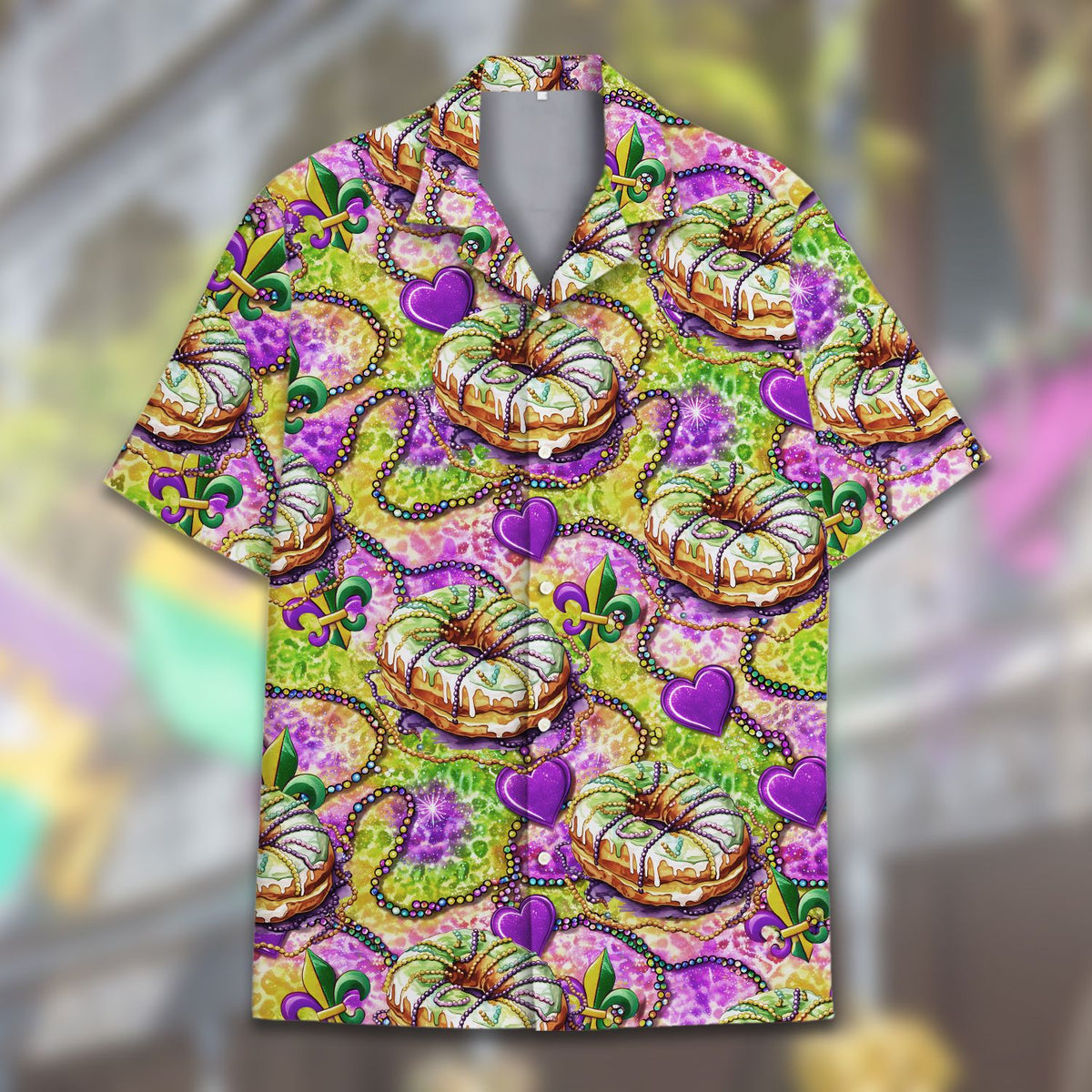 Detailed front view showing button-down style of the mardi gras shirt