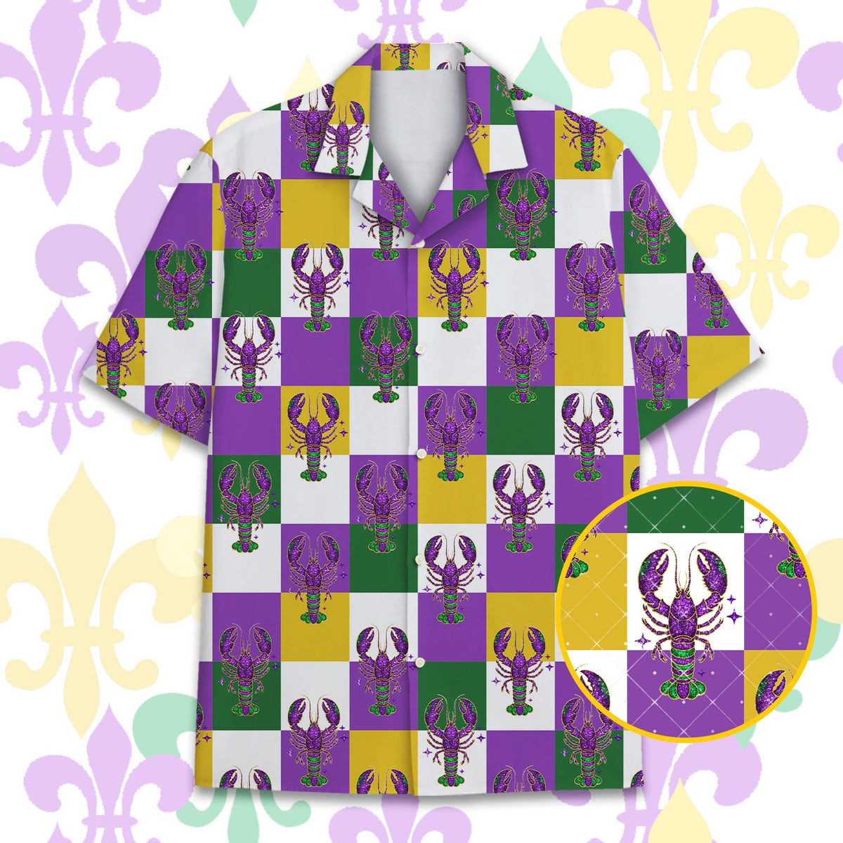 Detailed front view of the checkered crawfish hawaiian shirt