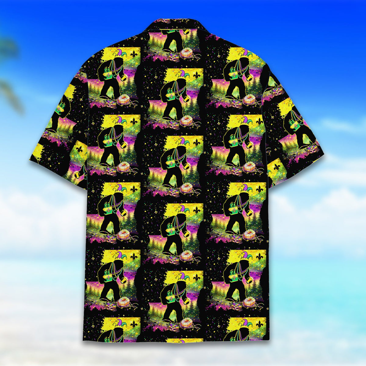 Detailed front view highlighting the King Cake and fleur-de-lis symbols on the Mardi Gras Hawaiian shirt