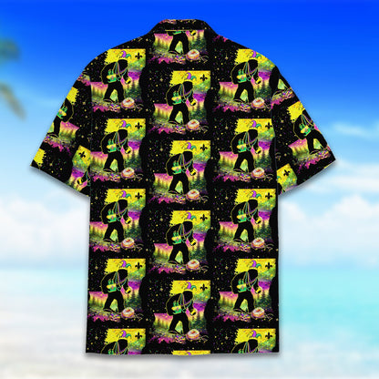 Detailed front view highlighting the King Cake and fleur-de-lis symbols on the Mardi Gras Hawaiian shirt