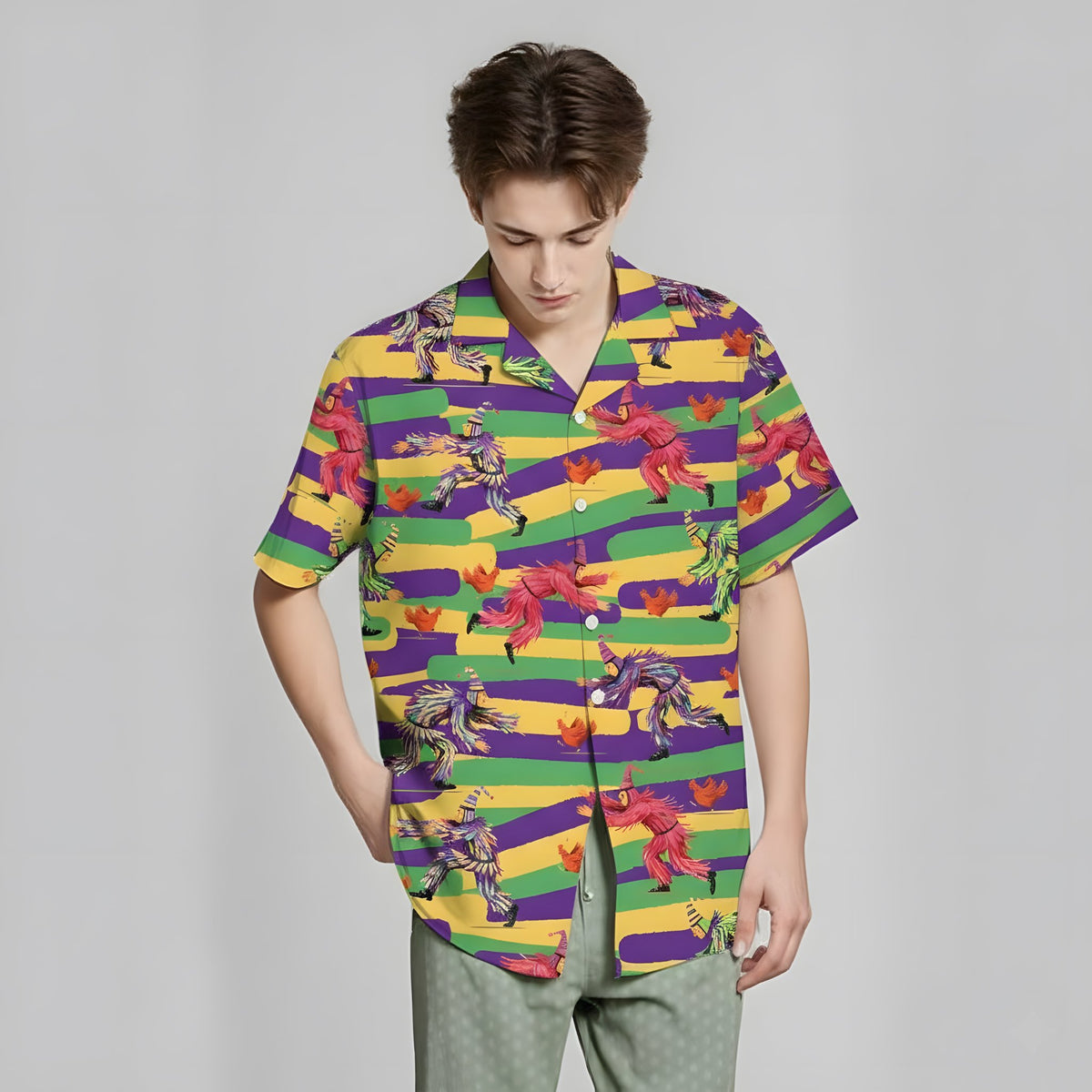 Additional front view of the Mardi Gras hawaiian shirt