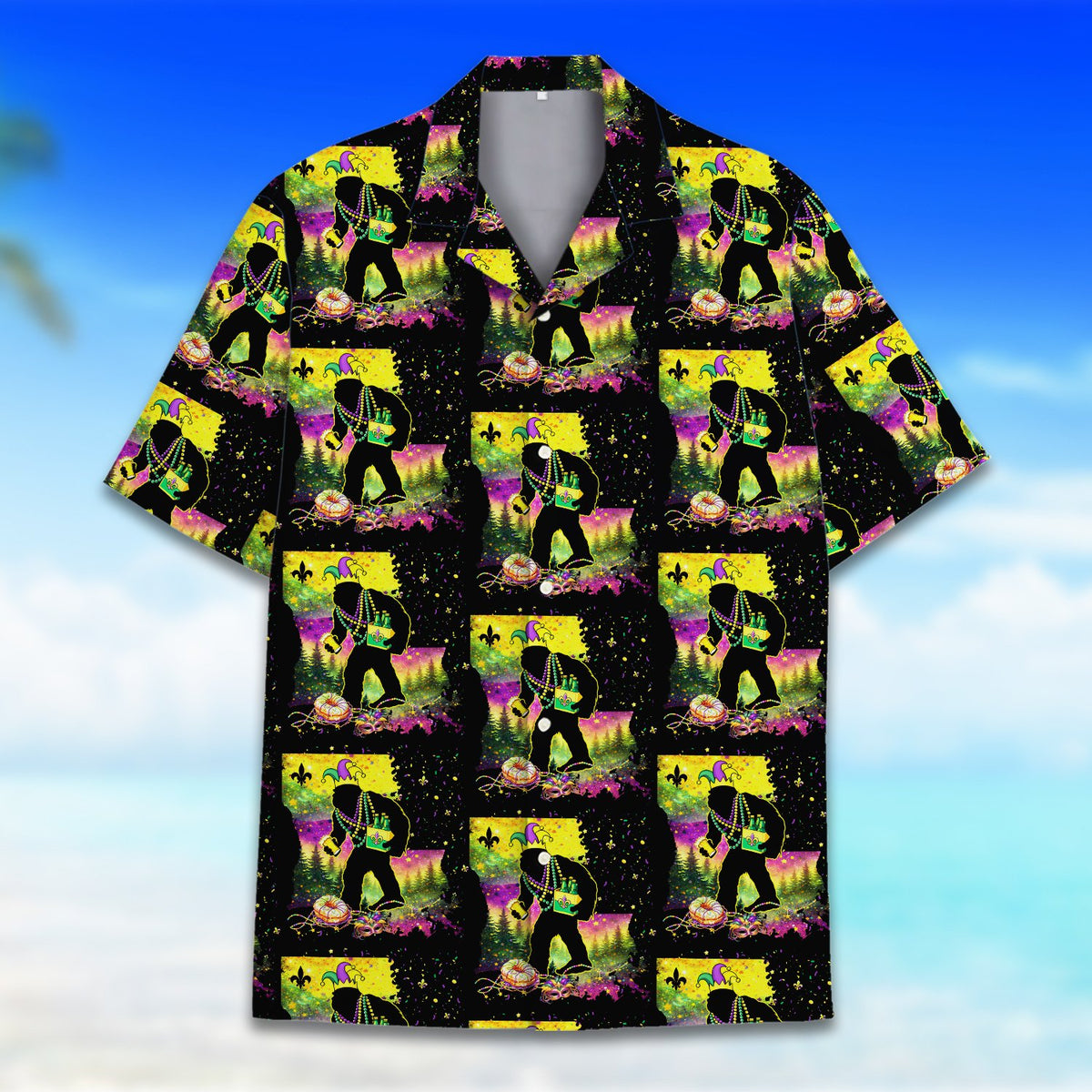 Front angle of the festive Bigfoot Mardi Gras button-down shirt