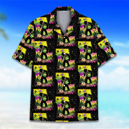Front angle of the festive Bigfoot Mardi Gras button-down shirt