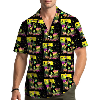Close-up front view of the polyester Mardi Gras Hawaiian shirt