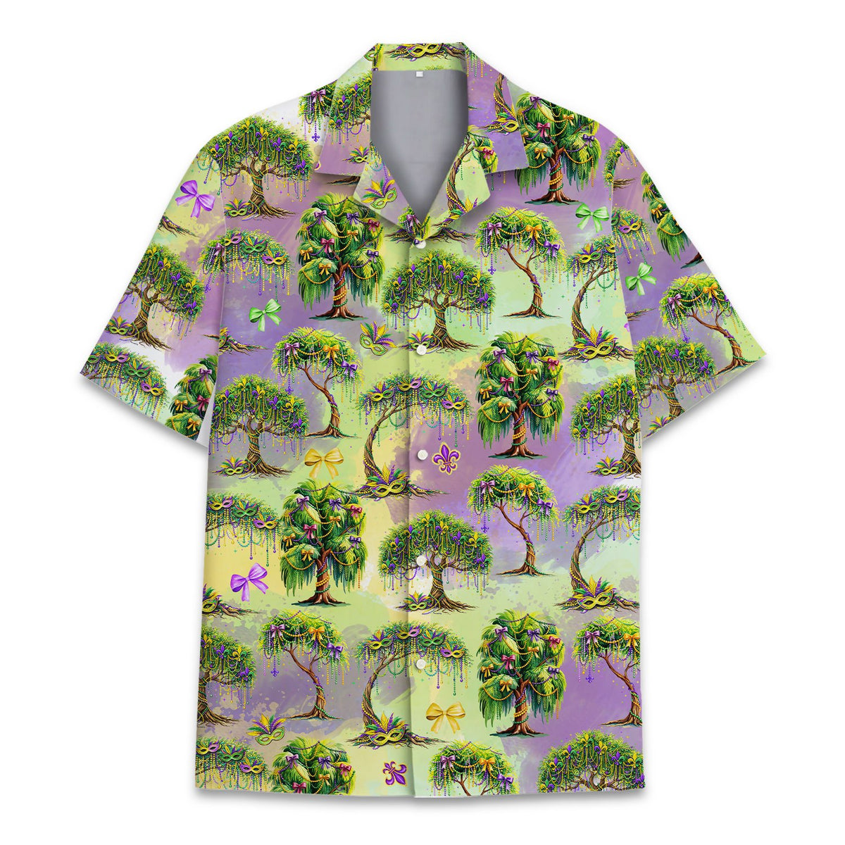 Mardi gras hawaiian shirt featuring weeping willow and masks, front view