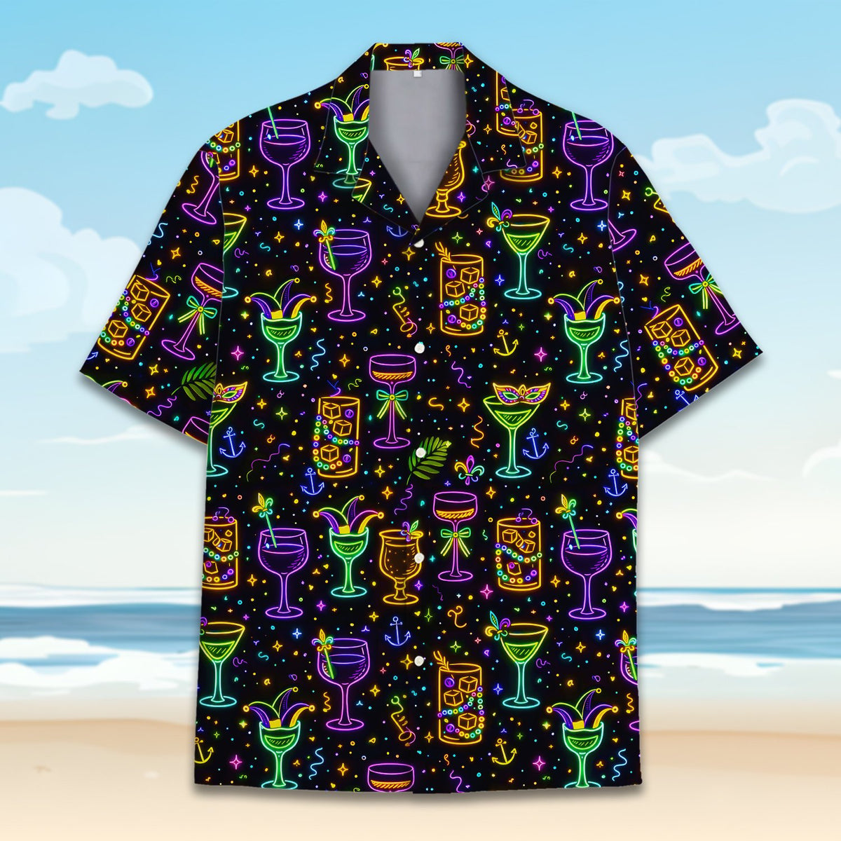 Front view of the Mardi Gras hawaiian shirt showcasing jester hats and beads