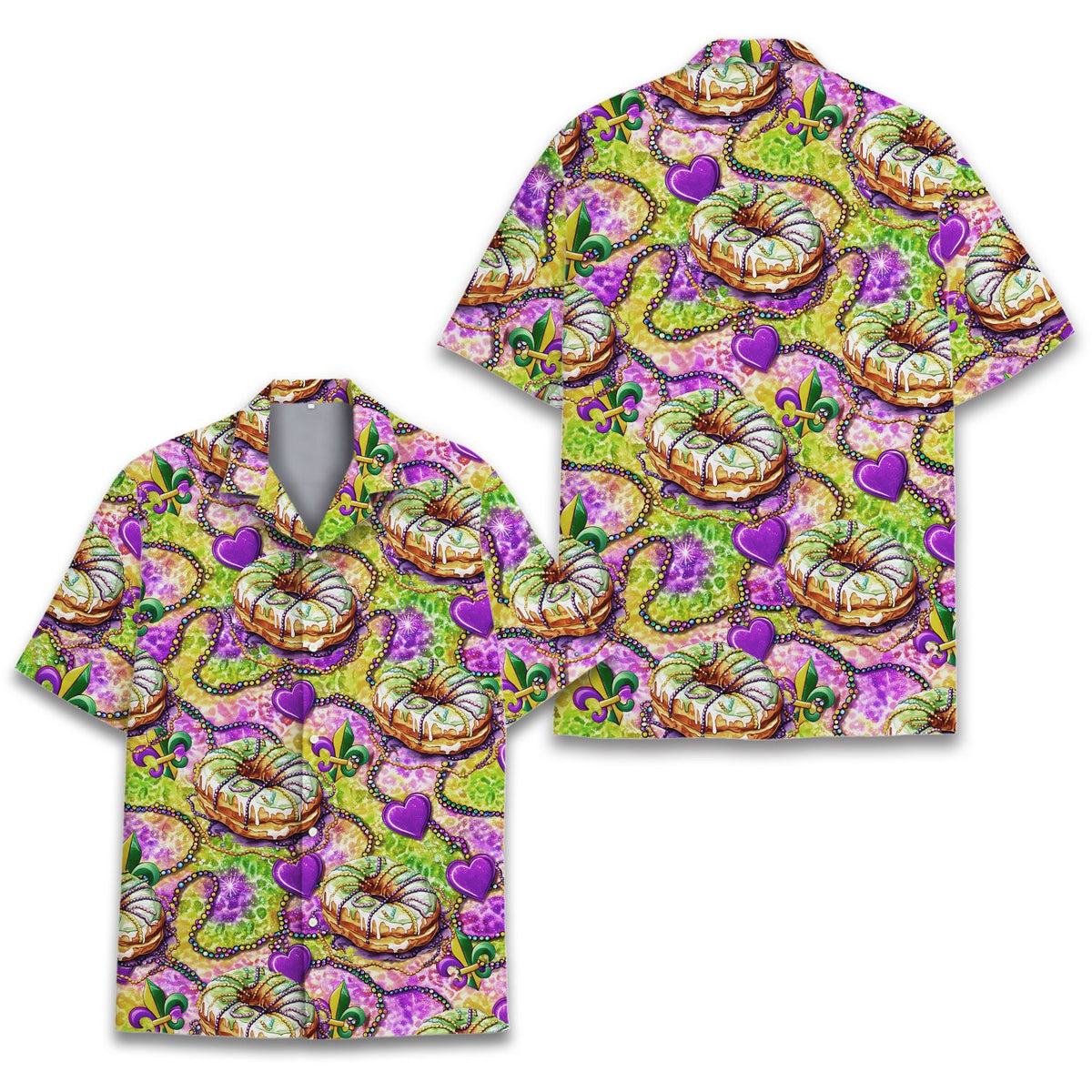 Green mardi hawaiian shirt with king cakes and beads pattern, front view