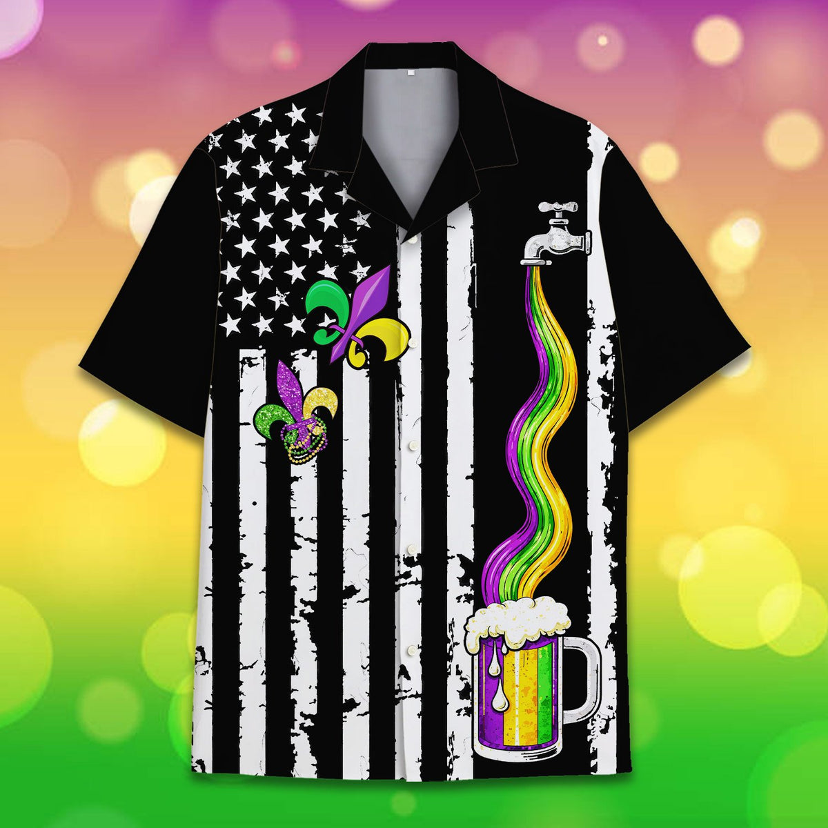 Main view of the mardi gras hawaiian shirt with distressed flag and beer tap design