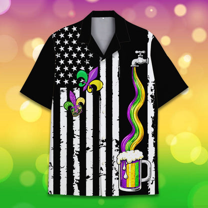 Main view of the mardi gras hawaiian shirt with distressed flag and beer tap design