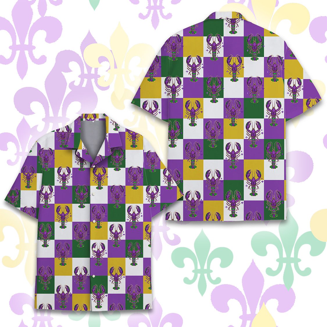 Mardi gras hawaiian shirt with checkered crawfish pattern on white background