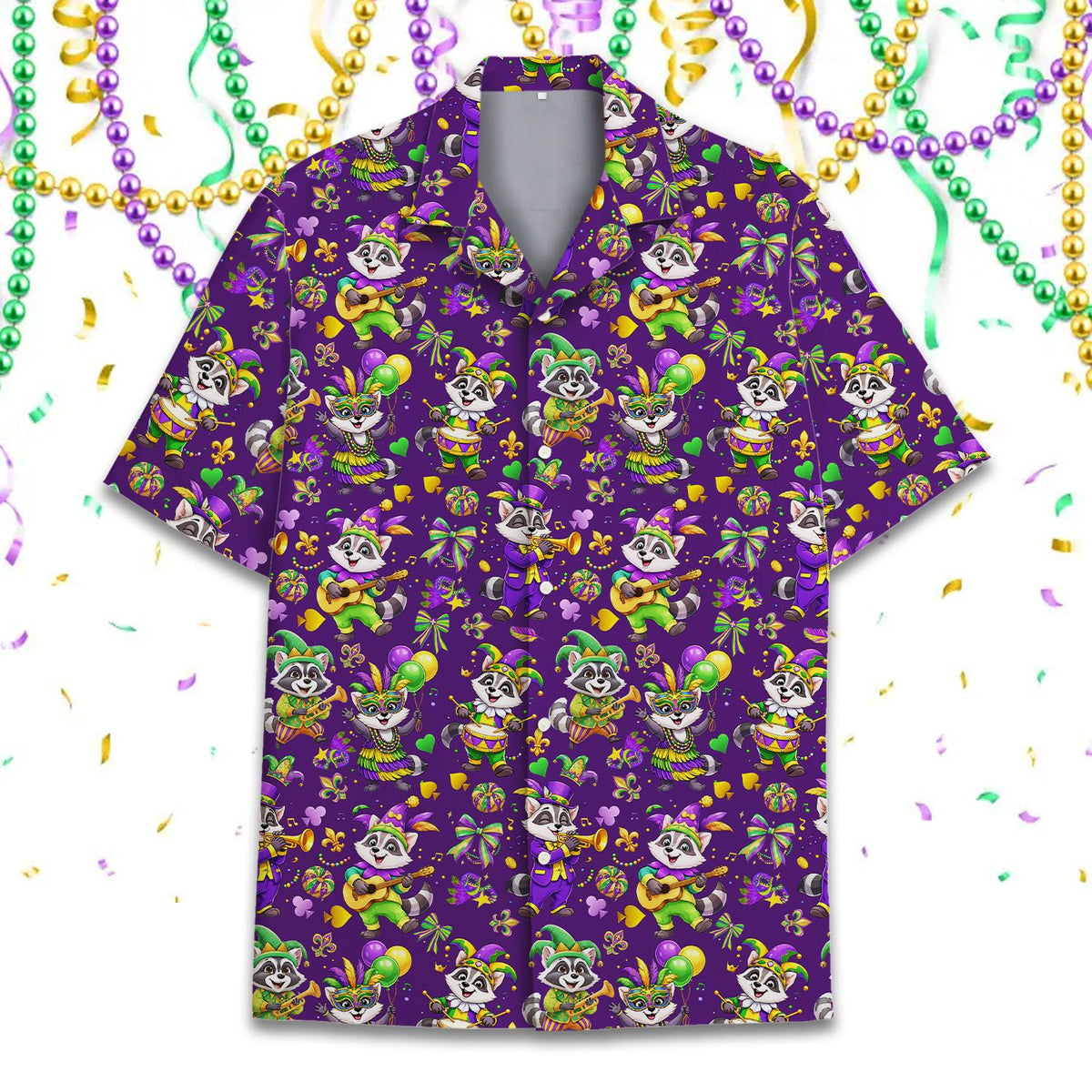 Front view of the adult mardi gras hawaiian shirt