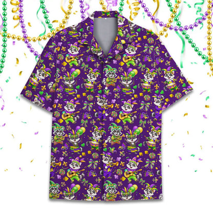 Front view of the adult mardi gras hawaiian shirt