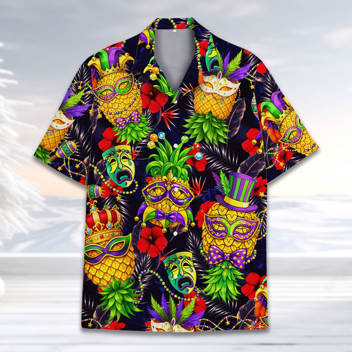 Multicolor mardi hawaiian shirt featuring pineapples with masks, main view