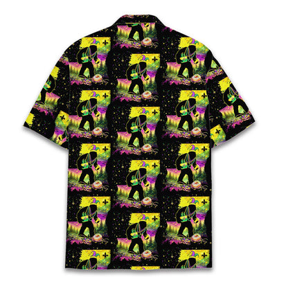 Main view of the Bigfoot Mardi Gras Hawaiian shirt featuring purple, green, and gold details on a black background