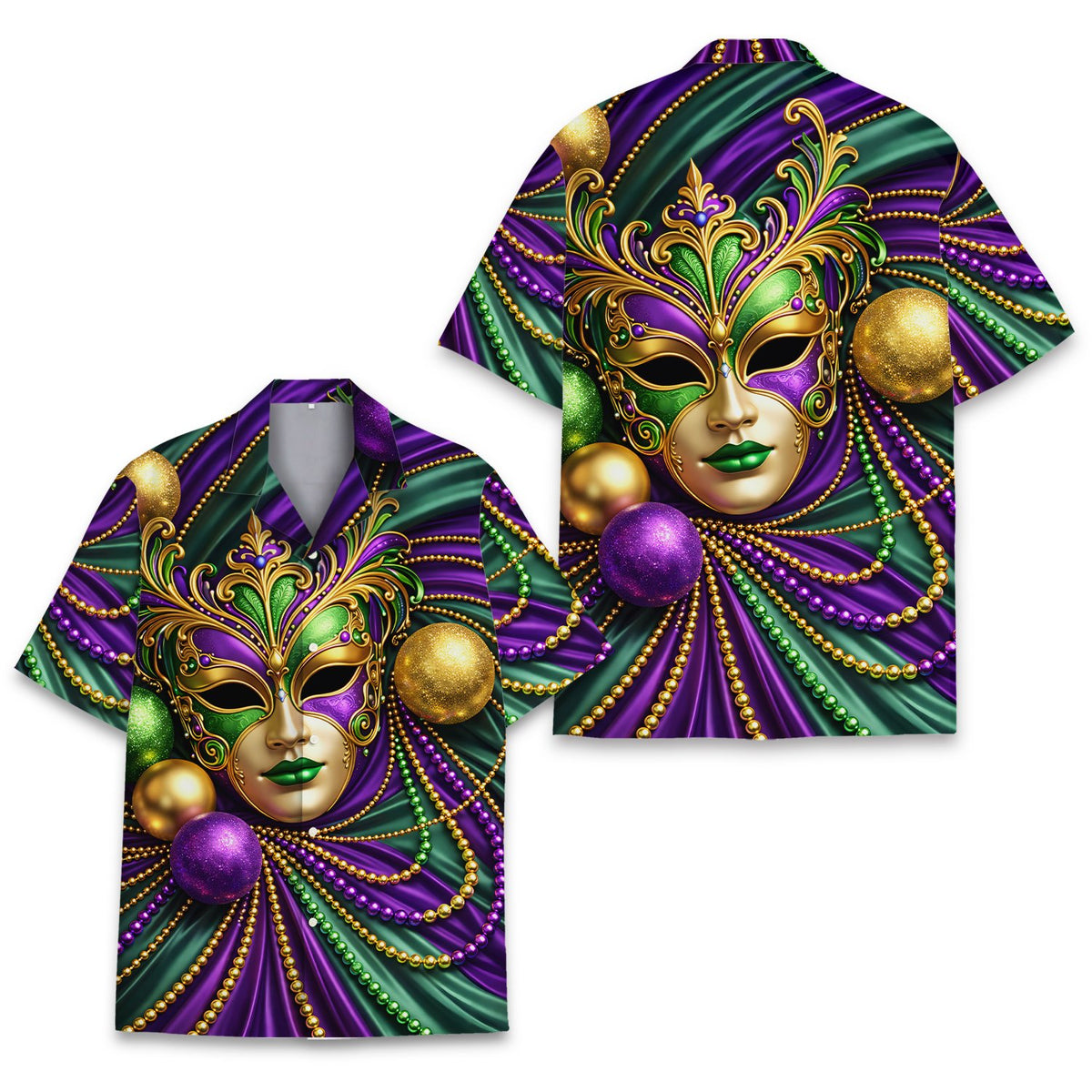 Front view of the purple mardi hawaiian shirt with mask and ornaments